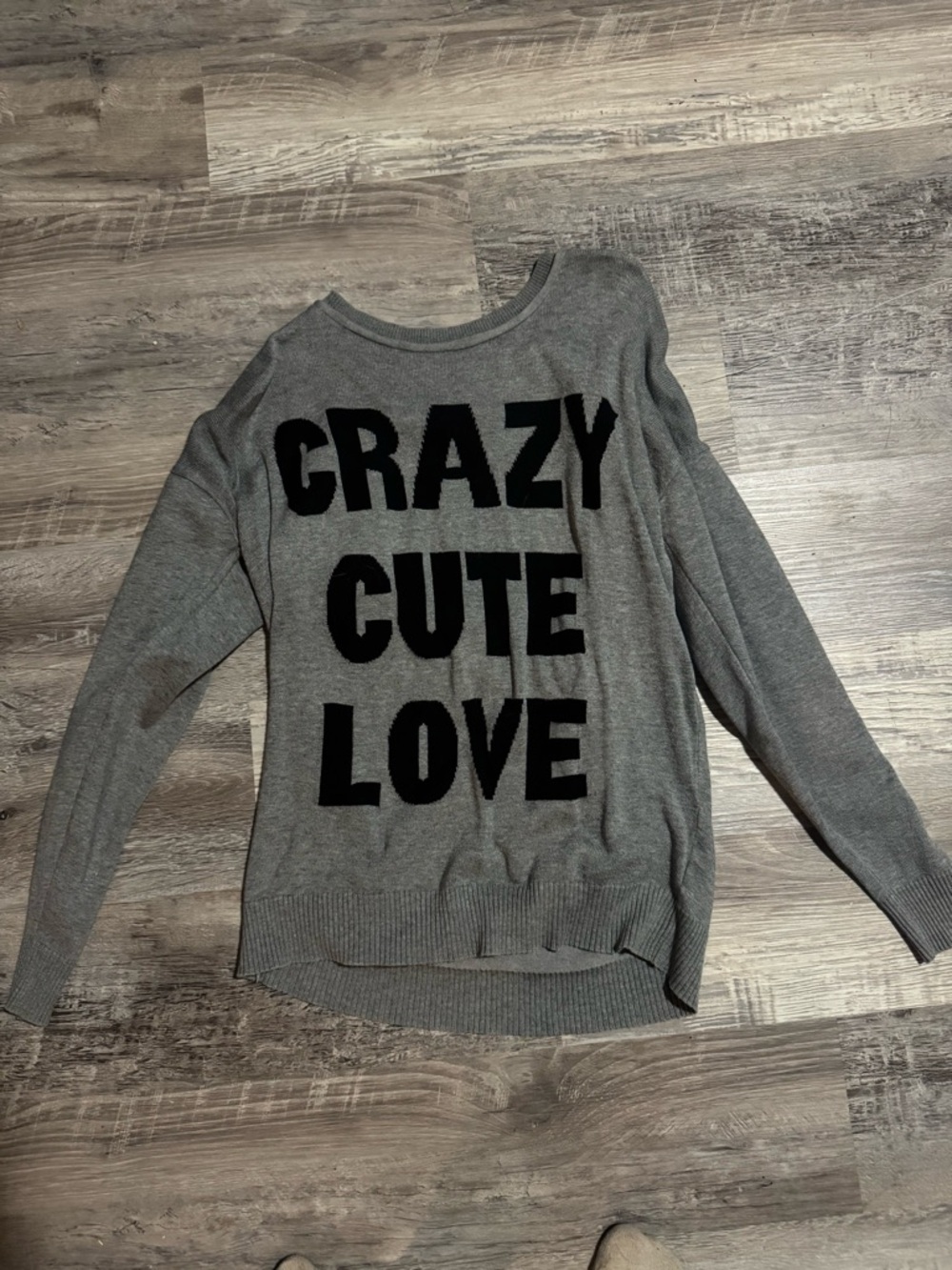 Forever 21 Gray Crewneck Sweater with Black 'CRAZY CUTE LOVE' Graphic